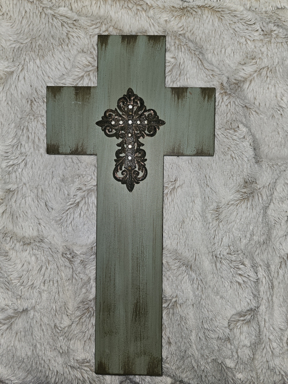 Sage Green/Teal Wooden Wall Cross with Ornate Bronze Accent